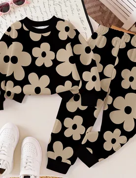 Conjunto de Sudadera con cuello redondo y estampado floral y pantalón de chándal estampado para niñas, Conjunto informal de sudadera y pantalón co - Shein - FashionsVida