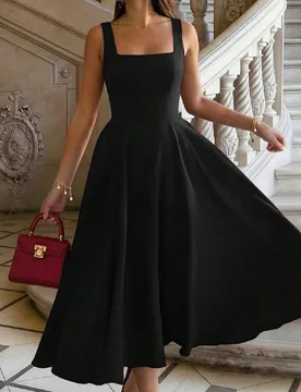 Vestido elegante casual con cremallera delantera, cuello cuadrado, espalda descubierta y cintura ceñida, adecuado para la escuela, uso diario, vacaci - Shein - FashionsVida