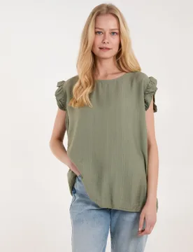 Button Back Frill Shoulder Top - S/M / KHAKI - female - Blue Vanilla - FashionsVida