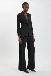 Womens Compact Stretch Lace Mix Tailored Wide Leg Trouser - Black - Size 12 Uk