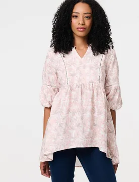 Women's Floral Curve Hem 3/4 Puff Sleeve Blouse in Pink Size: 14 - Pink - Size: 14 - Izabel London - FashionsVida
