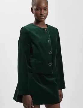 Women's Tailored Velvet Collarless Jacket in Emerald Size: 6 - Emerald - Size: 6 - Karen millen - FashionsVida