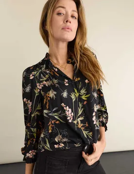 Satin Floral Relaxed Puff Sleeve Blouse Black female - Baukjen - FashionsVida