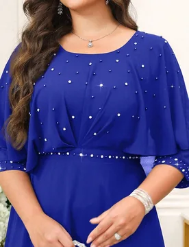 Vestido elegante de manga corta con cuello redondo y decoración de perlas falsas para mujer de talla grande de unicolor 1XL - Shein - FashionsVida