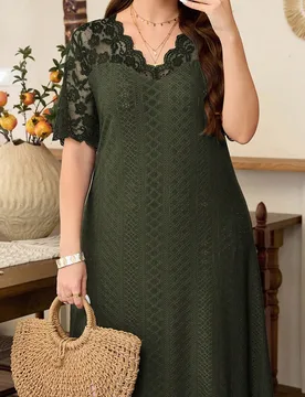 Vestido largo de mujer talla grande, elegante y casual, de punto jacquard con patchwork de encaje teñido, cuello en V, holgado y versátil, para prim - Shein - FashionsVida