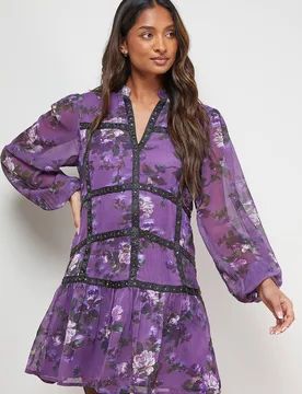 Women's Printed Embellished Trim Detail Chiffon Mini Dress in Floral Size: 14 - Floral - Size: 14 - OASIS - FashionsVida