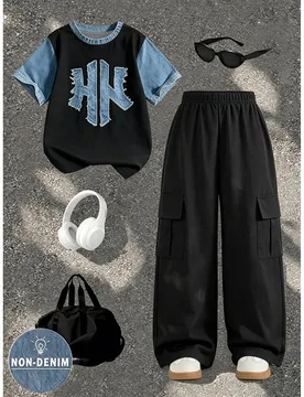 Conjunto de 2 piezas para niño preadolescente, estilo casual y cool con estampado de eslogan en inglés, camiseta de cuello redondo de manga corta y - Shein - FashionsVida