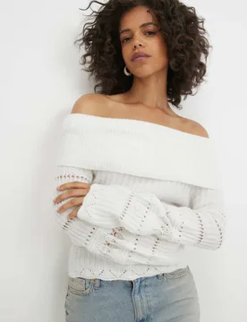 Pointelle Bardot Jumper Cream female - River Island - FashionsVida