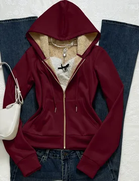 Sudadera con capucha de manga larga con bolsillo, forrada térmicamente y con elástico, de estilo vintage tejido para mujer XL - Shein - FashionsVida