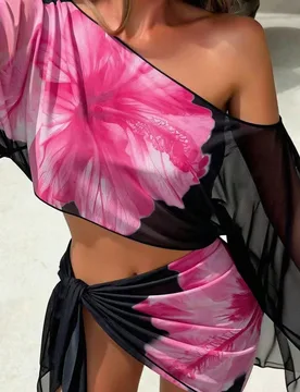 Conjunto de 2 piezas de vestido de playa y traje de baño con estampado floral elegante y lazo para mujer, ideal para vacaciones y fiestas en la playa - Shein - FashionsVida