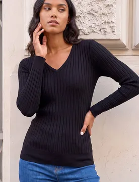 Women's V-Neck Ribbed Knit Jumper in Black Size: 10 - Black - Size: 10 - Roman - FashionsVida