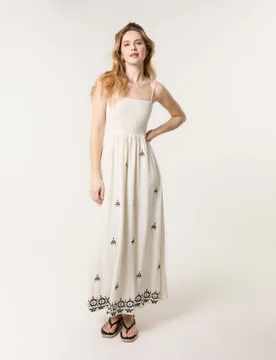 Shirred Bandeau Linen Maxi Dress - XL / Linen - female - Blue Vanilla - FashionsVida