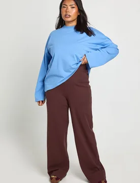 Womens Plus Basic Rib Straight Leg Trouser - Chocolate Cotton - Size 24 Uk - Boohoo - FashionsVida