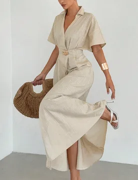 Vestido largo de mujer 100% algodón con cuello en V, hebilla metálica en la cintura y abertura, elegante estilo francés beige para vacaciones de ve - Shein - FashionsVida