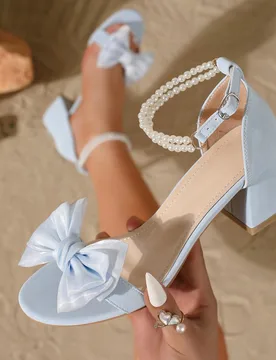 Zapatos de tacón alto con punta abierta y lazo de perlas falsas para novia, tacones gruesos, moda de verano CN36 - Shein - FashionsVida