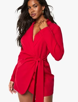 Womens Linen Look Wrap Drape Front Tailored Blazer Dress - Red - Size 8 Uk - Boohoo - FashionsVida