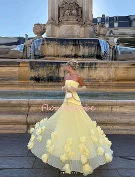 Flowers Yellow Evening Dress with Ruffles A Line Prom Dress with Flowers Strapless Princess Dresses vestidos de fiesta Customize - Aliexpress - FashionsVida