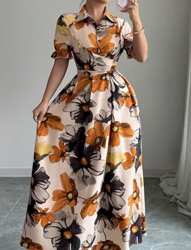 Vestido con cuello de camisa, mangas abullonadas, cintura atada y plisado, vestido elegante y romántico para días festivos S - Shein - FashionsVida
