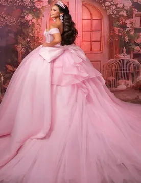 Pink Glitter Quinceanera Dresses Off Shoulder Ball Gown Sweet 16 Dress Beading Crystal Bow Tull Corset Birthday Vestidos 15 de - Aliexpress - FashionsVida