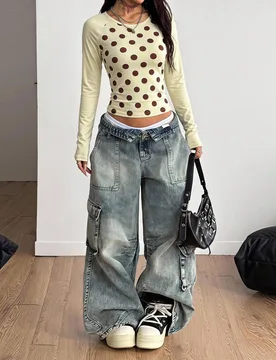 Camiseta de manga larga con cuello redondo y estampado de lunares para mujer S - Shein - FashionsVida