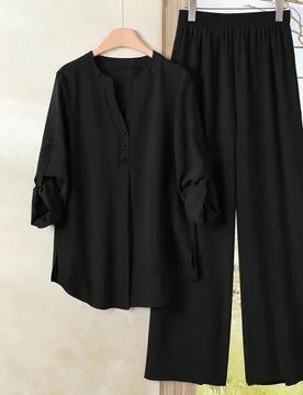 Conjunto casual de camisa de cuello en V con mangas con puños y pantalones de pierna ancha de unicolor para mujer, ropa cómoda de otoño e invierno - Shein - FashionsVida