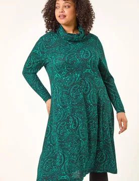 Women's Curve Paisley Cowl Neck Stretch Dress in Green Size: 22-24 - Green - Size: 22-24 - Roman - FashionsVida