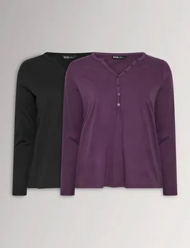 Women's Henley Long Sleeve Cotton T-Shirts in Purple Size: 30-32 - Purple - Size: 30-32 - Yours - FashionsVida