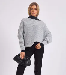 Womens Stripe Knit Batwing Oversized Jumper - Grey - Size L/xl