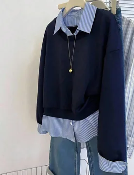 Sudadera casual de manga larga con cuello de camisa a rayas y hombros caídos para mujer de talla grande 1XL - Shein - FashionsVida