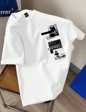 Camiseta de cuello redondo con diseño de collage en blanco y negro "NEW MOMENT" "THE PAST", top de cuello de tripulación minimalista retro clásico, - Shein - FashionsVida