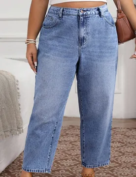 Jeans casuales holgados con cintura alta y bolsillos para mujer de talla grande 4XL - Shein - FashionsVida