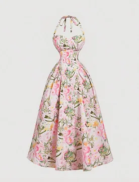 Vestido largo con estampado floral romántico con escote de cuello alto, para el Día de San Valentín, vestido de primavera, atuendo para brunch, atu - Shein - FashionsVida