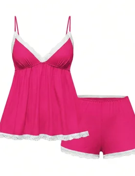 Conjunto de pijama casual de camiseta de tirantes acanalada y pantalones cortos con encaje XS - Shein - FashionsVida