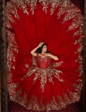 Red Quinceanera Dress Golden Glitter Crystal Decal Long tail off-shoulder Layering Bow Vestidos De 15 Quinceanera ﻿Customize - Aliexpress - FashionsVida