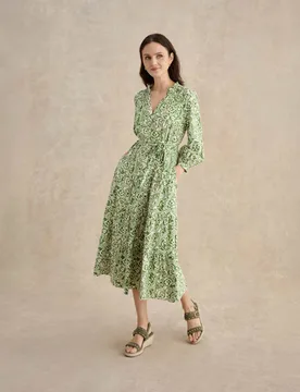 Cotton Blend Floral V-Neck Skater Dress Green Mix female - Hobbs - FashionsVida