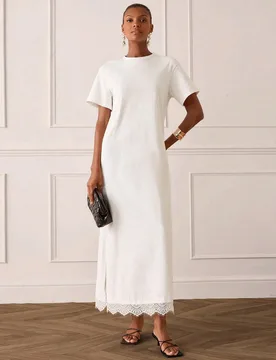 Vestido de algodón puro con parches de encaje elegante y largo para mujer, vestido versátil, elegante y de alta gama, adecuado para ir al trabajo, u - Shein - FashionsVida