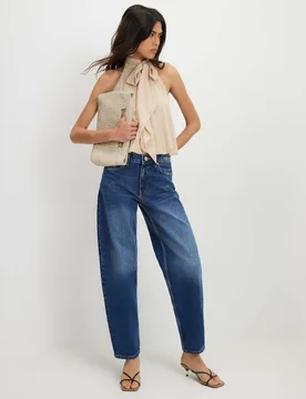 Mid Rise Barrel Jeans Blue Denim female - River Island - FashionsVida