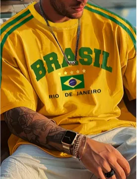 Camiseta casual de manga corta y cuello redondo con gráfico de Brasil para hombres talla grande - Diseño colorido "BRASIL", adecuado para el verano - Shein - FashionsVida