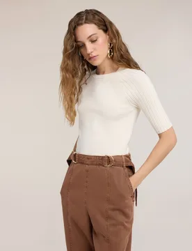 Jersey de mujer de viscosa con mangas raglán acanaladas ajuste entallado largo medio - Motivi - FashionsVida
