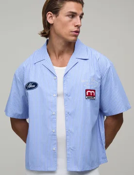 Mens Oversized Boxy Stripe Patch Half Sleeve Shirt - Blue Cotton - Size Small - boohooMAN - FashionsVida