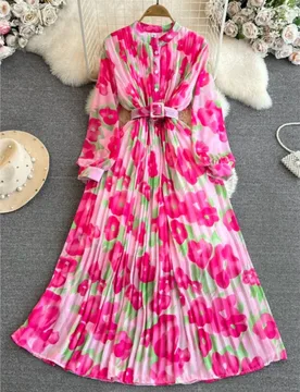 A long-sleeved stand-up collar cinched waist printed pleated elegant long skirt with light mature style - Aliexpress - FashionsVida