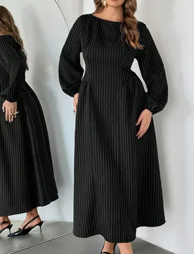 Nuevo Vestido de Talla Grande con Rayas Azules & Blancas, Manga Larga, Cintura Fruncida, Estilo Princesa / Vestido Elegante de Manga Linterna para ir - Shein - FashionsVida