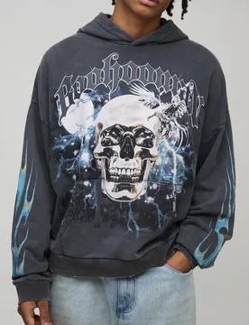 Herren Schwarzer Oversized Premium BHM Skull Acid Wash Bedruckter Hoodie Sweatshirt Washed Black Größe Small - boohooMAN - FashionsVida
