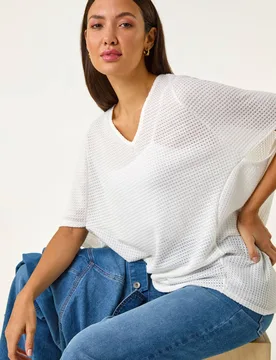 Women's Textured V-Neck Cocoon Stretch Top in White Size: 20 - White - Size: 20 - Roman - FashionsVida
