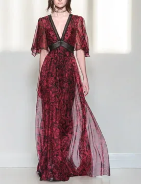 Hepburn's red rose floral dress with a long collar and an extra-long design - Aliexpress - FashionsVida