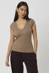Womens Brown Cap Sleeve V-Neck Fitted T-Shirt - Size Medium