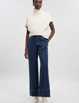 Women's Tencel Cotton Contrast Stitch Woven Straight Leg Trouser in Navy Size: 6 - Navy - Size: 6 - Karen millen - FashionsVida