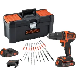 Taladro Percutor 18V con 2 Baterías 1.5Ah + Cargador y 30 Accesorios en Caja de Herramientas