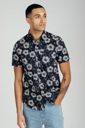 Mens Navy Cotton Poplin Button-Up Shirt With Abstract Floral Print - Size Small