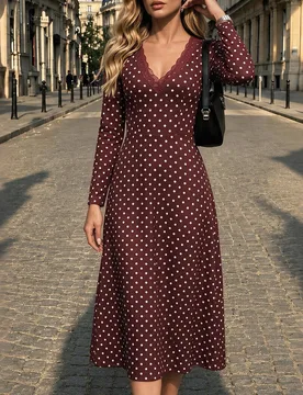 Vestido largo de mujer para otoño/invierno con manga larga, blanco con lunares y estampado floral, cintura ceñida, corte A y ribete de encaje, casua - Shein - FashionsVida